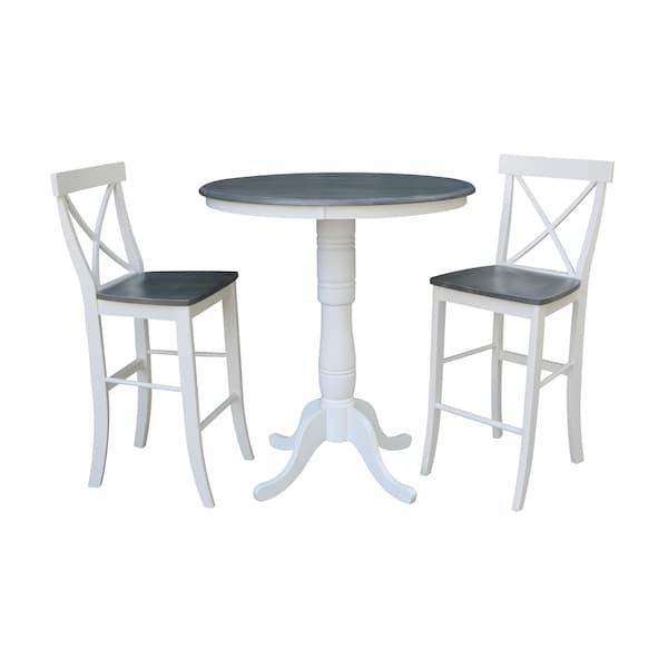 International Concepts Round 36 in Rd Pedestal Bar Ht Table, 2 X-Back Bar Ht Stools, White/Heather Gray, 36 in W, 36 in L K05-36RT-6B-S6133-2 - main